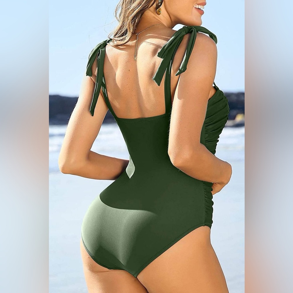 Tummy Control Green Ruched Monokini Bathing Suits - Picture 7 of 13